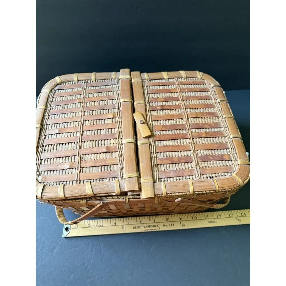 Vintage Bamboo Covered Basket Hinged Top Sewing Picnic Storage Woven Two Handle